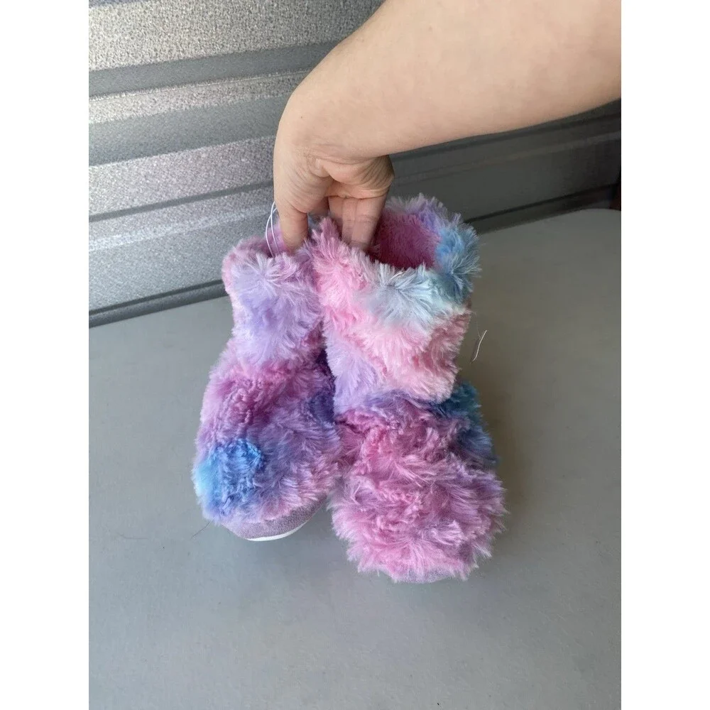 Tie Dye Faux Fur Slipper Booties Pink Purple Blue Big Kids Youth Size 4/5